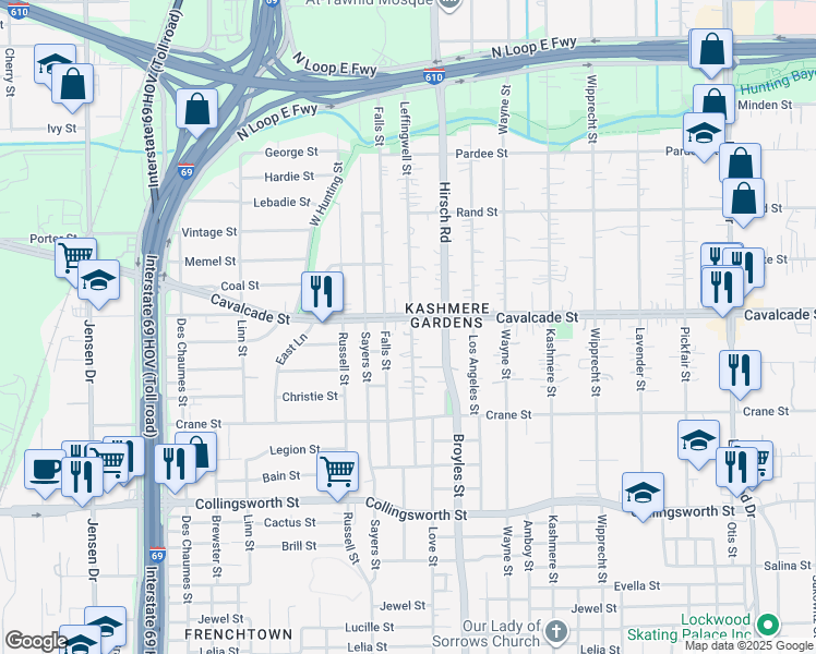 map of restaurants, bars, coffee shops, grocery stores, and more near 4127 Leffingwell Street in Houston
