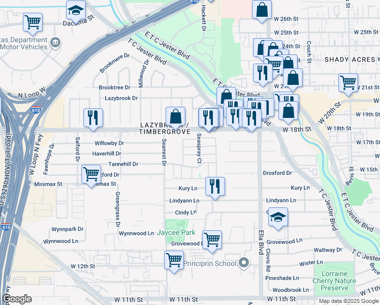 map of restaurants, bars, coffee shops, grocery stores, and more near 2100 West 18th Street in Houston