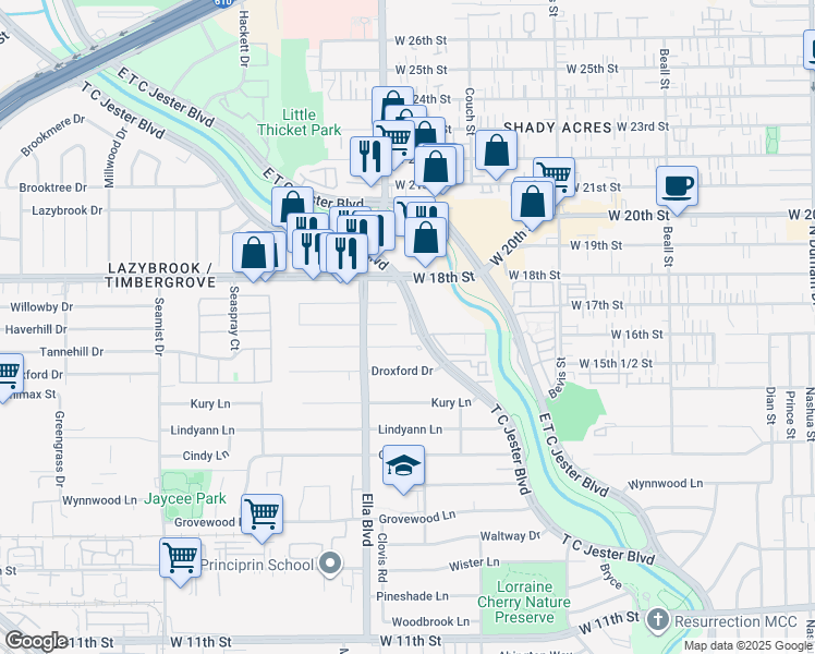 map of restaurants, bars, coffee shops, grocery stores, and more near 1717 West T C Jester Boulevard in Houston