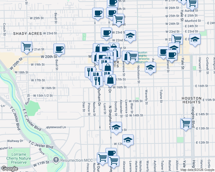 map of restaurants, bars, coffee shops, grocery stores, and more near 716 West 17th Street in Houston