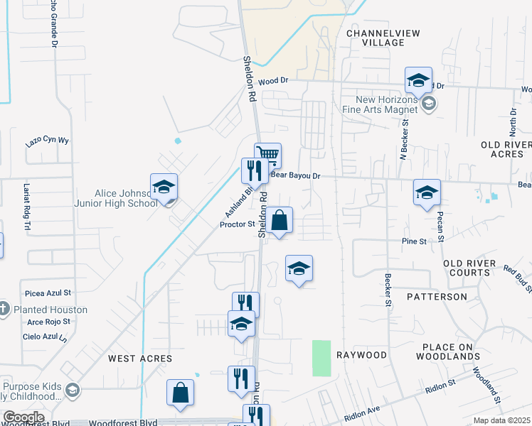 map of restaurants, bars, coffee shops, grocery stores, and more near 1223 Sheldon Road in Channelview