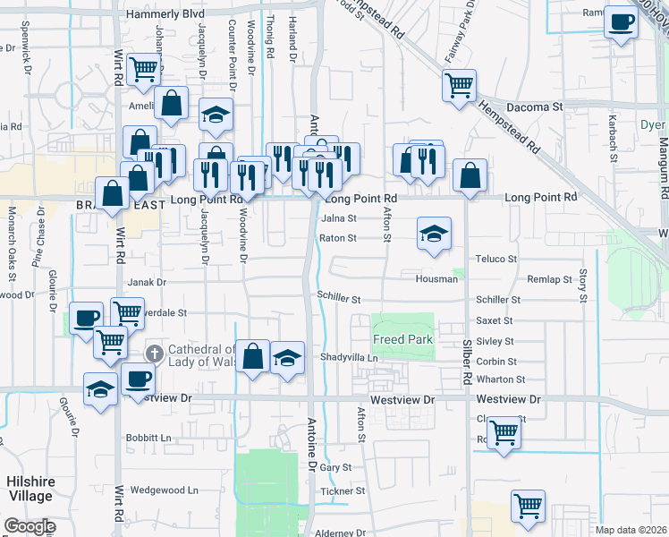 map of restaurants, bars, coffee shops, grocery stores, and more near 7310 Housman in Houston