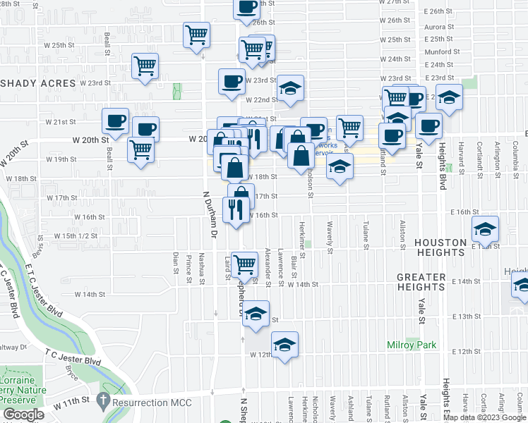 map of restaurants, bars, coffee shops, grocery stores, and more near 613 West 16th Street in Houston