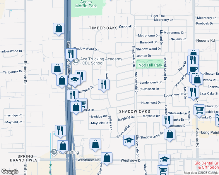 map of restaurants, bars, coffee shops, grocery stores, and more near 1660 Townhurst Drive in Houston