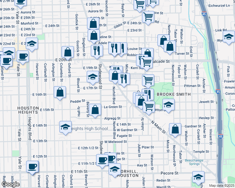 map of restaurants, bars, coffee shops, grocery stores, and more near 5102 North Main Street in Houston