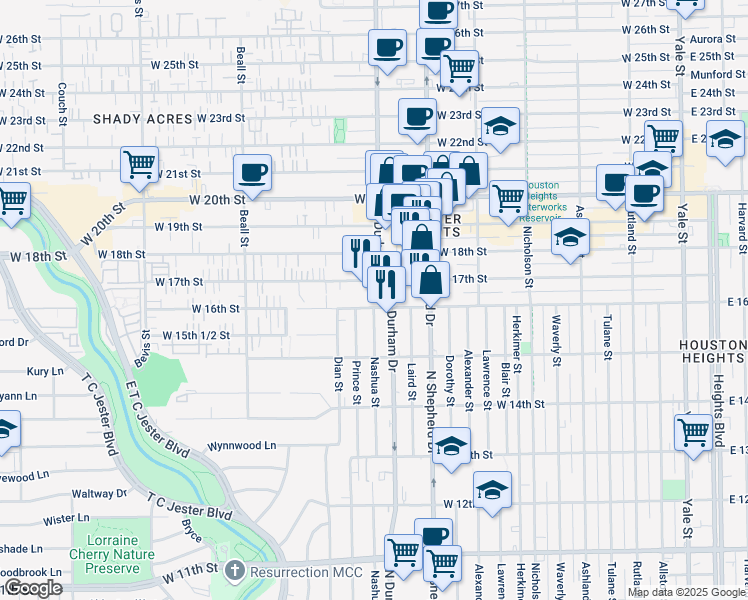 map of restaurants, bars, coffee shops, grocery stores, and more near 1614 North Durham Drive in Houston