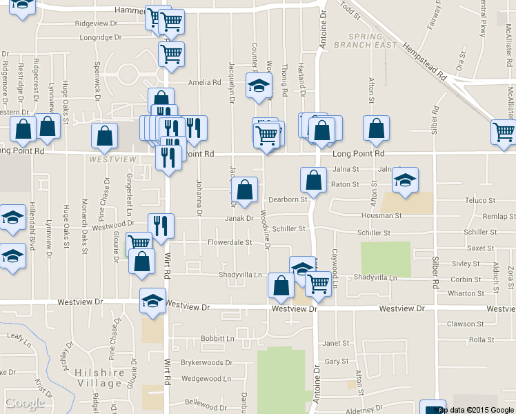 map of restaurants, bars, coffee shops, grocery stores, and more near 1647 Woodvine Drive in Houston