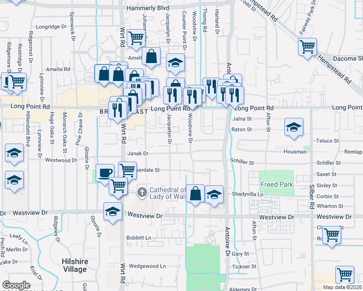 map of restaurants, bars, coffee shops, grocery stores, and more near 1647 Woodvine Drive in Houston