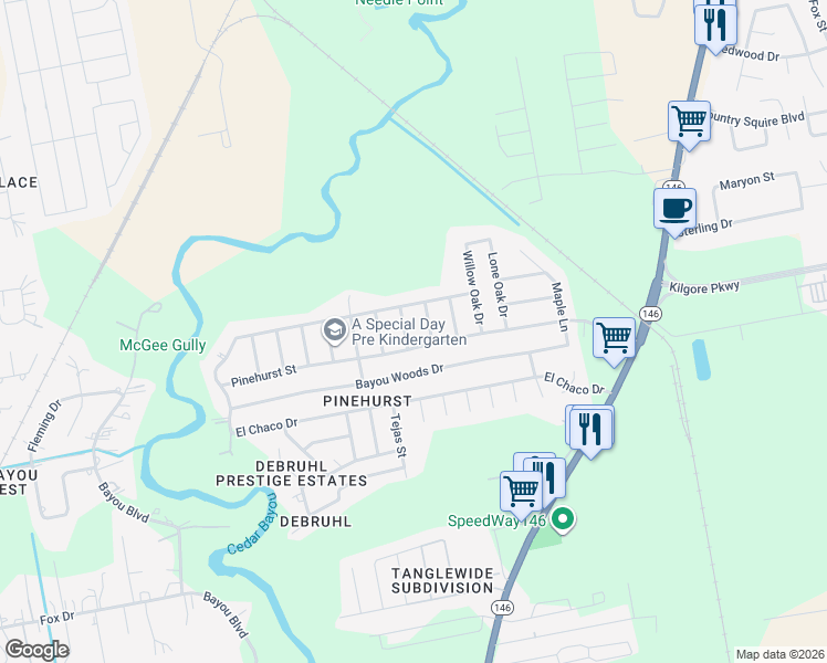 map of restaurants, bars, coffee shops, grocery stores, and more near 7310 Hickory Lane in Baytown