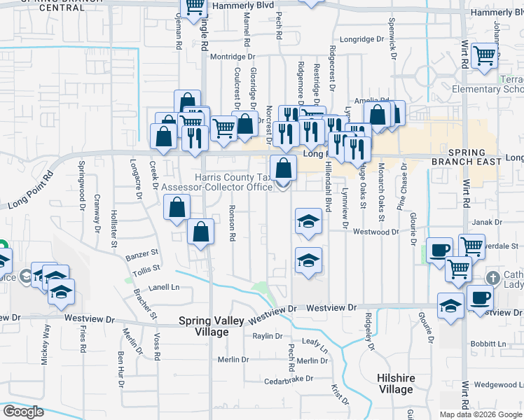 map of restaurants, bars, coffee shops, grocery stores, and more near 1727B Moritz Drive in Houston