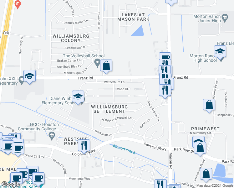 map of restaurants, bars, coffee shops, grocery stores, and more near 22334 Unicorns Horn Lane in Katy