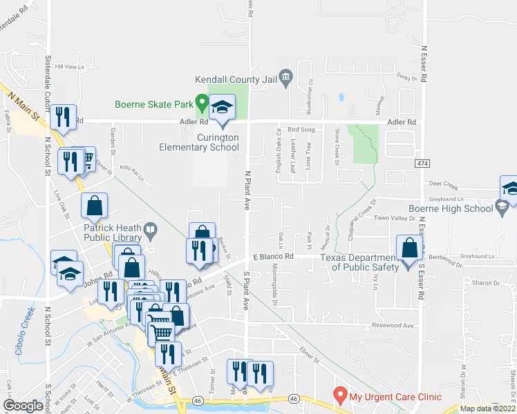 map of restaurants, bars, coffee shops, grocery stores, and more near 110 Surrey Drive in Boerne