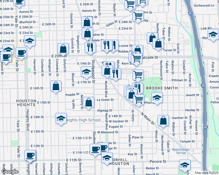 map of restaurants, bars, coffee shops, grocery stores, and more near 5102 North Main Street in Houston