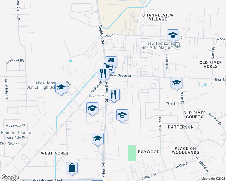 map of restaurants, bars, coffee shops, grocery stores, and more near 1214 Sheldon Road in Channelview