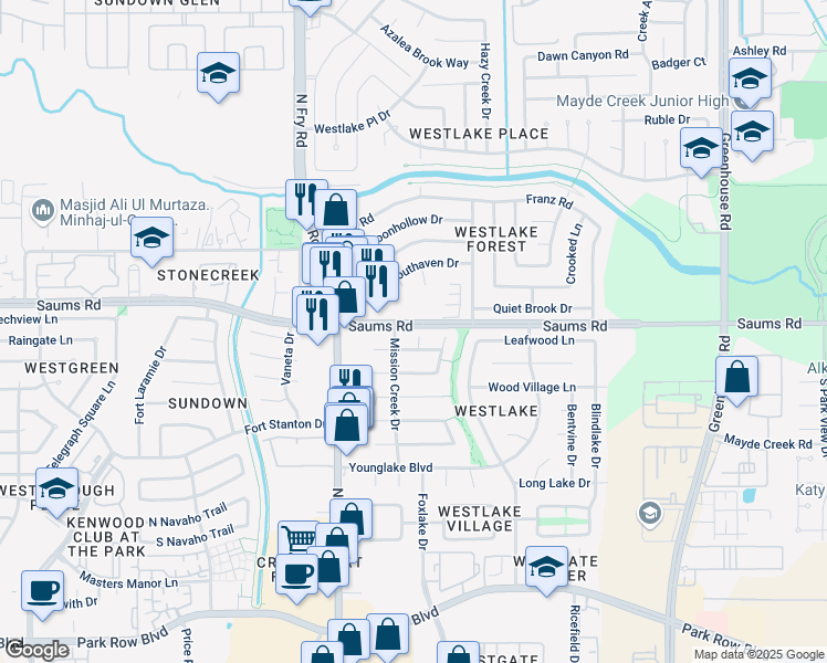 map of restaurants, bars, coffee shops, grocery stores, and more near 19636 Saums Road in Houston