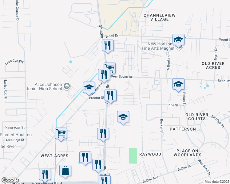 map of restaurants, bars, coffee shops, grocery stores, and more near 1214 Sheldon Road in Channelview