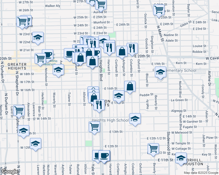map of restaurants, bars, coffee shops, grocery stores, and more near 1602 Harvard Street in Houston
