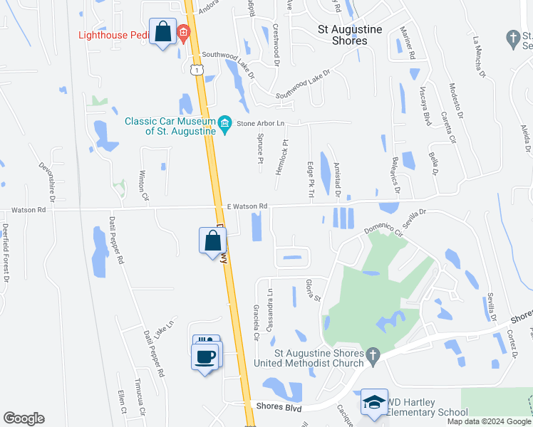 map of restaurants, bars, coffee shops, grocery stores, and more near 105 King Arthur Court in St. Augustine