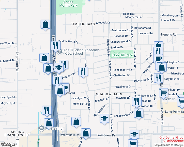 map of restaurants, bars, coffee shops, grocery stores, and more near 1660 Townhurst Drive in Houston