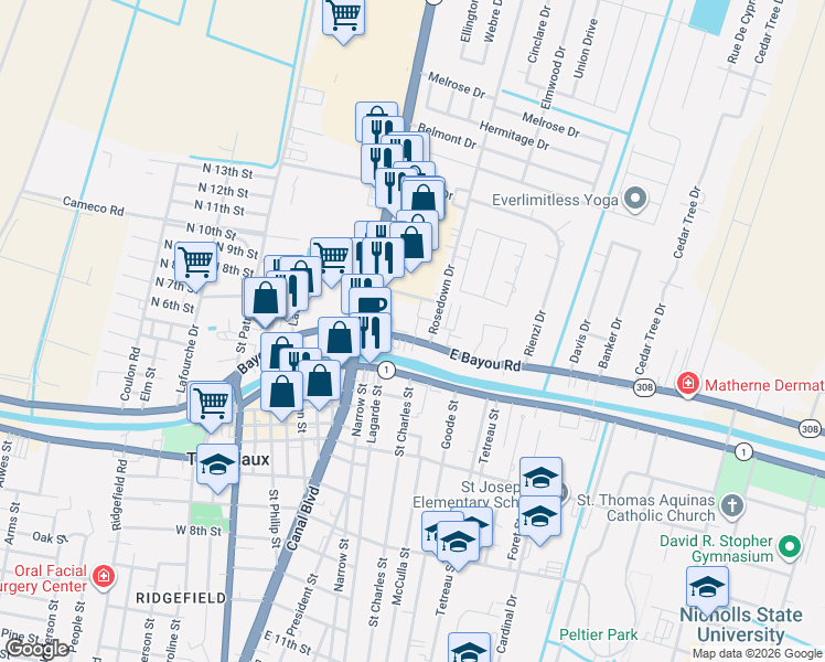 map of restaurants, bars, coffee shops, grocery stores, and more near 137-169 East Bayou Road in Thibodaux