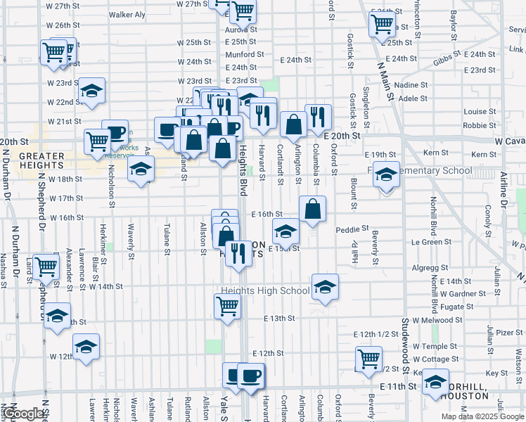 map of restaurants, bars, coffee shops, grocery stores, and more near 1615 Harvard Street in Houston