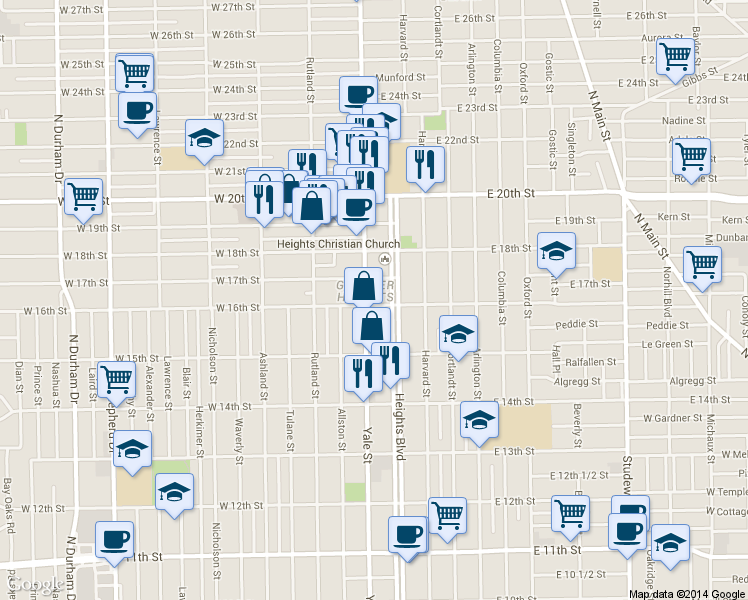 map of restaurants, bars, coffee shops, grocery stores, and more near 1605 Heights Boulevard in Houston