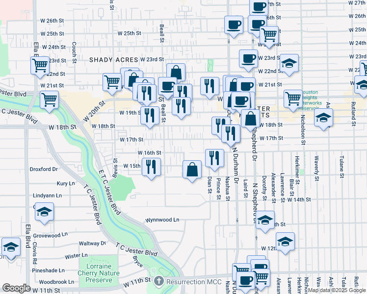 map of restaurants, bars, coffee shops, grocery stores, and more near 1026 West 17th Street in Houston