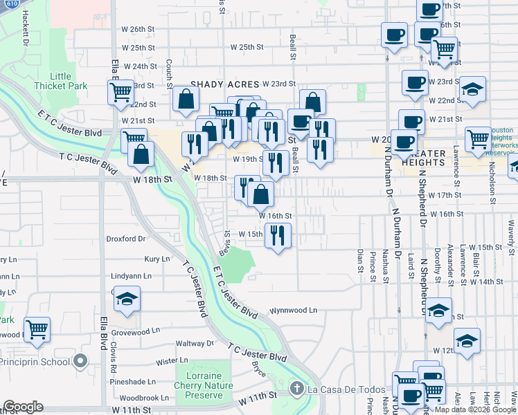 map of restaurants, bars, coffee shops, grocery stores, and more near 1233 West 17th Street in Houston