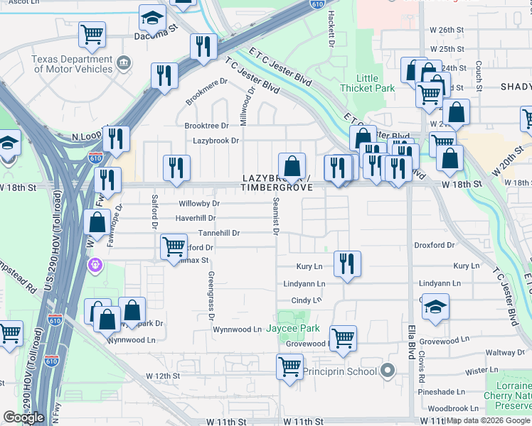 map of restaurants, bars, coffee shops, grocery stores, and more near 2214 Willowby Drive in Houston
