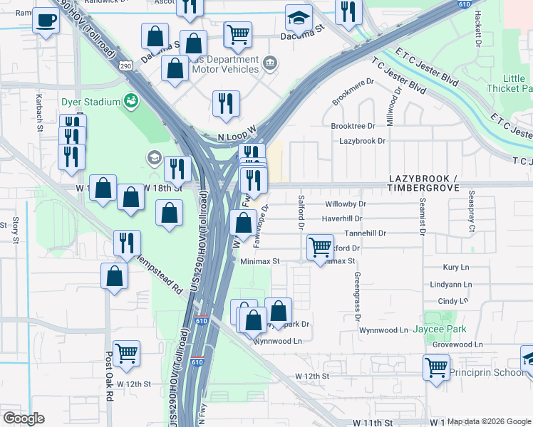 map of restaurants, bars, coffee shops, grocery stores, and more near 1718 West Loop North Freeway in Houston