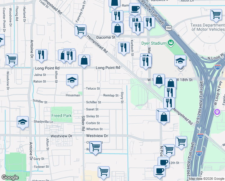 map of restaurants, bars, coffee shops, grocery stores, and more near 6434 Teluco Street in Houston