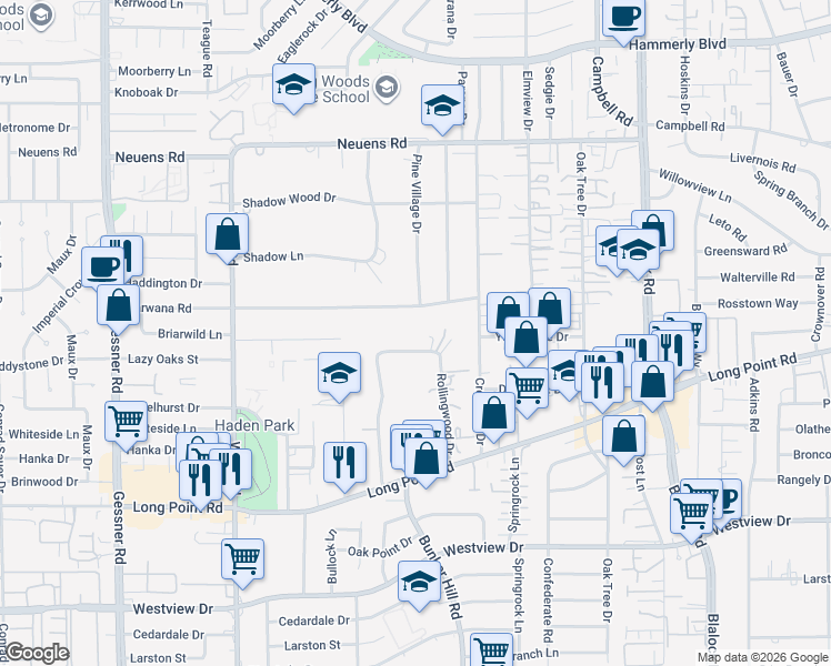 map of restaurants, bars, coffee shops, grocery stores, and more near 9737 Warwana Road in Houston