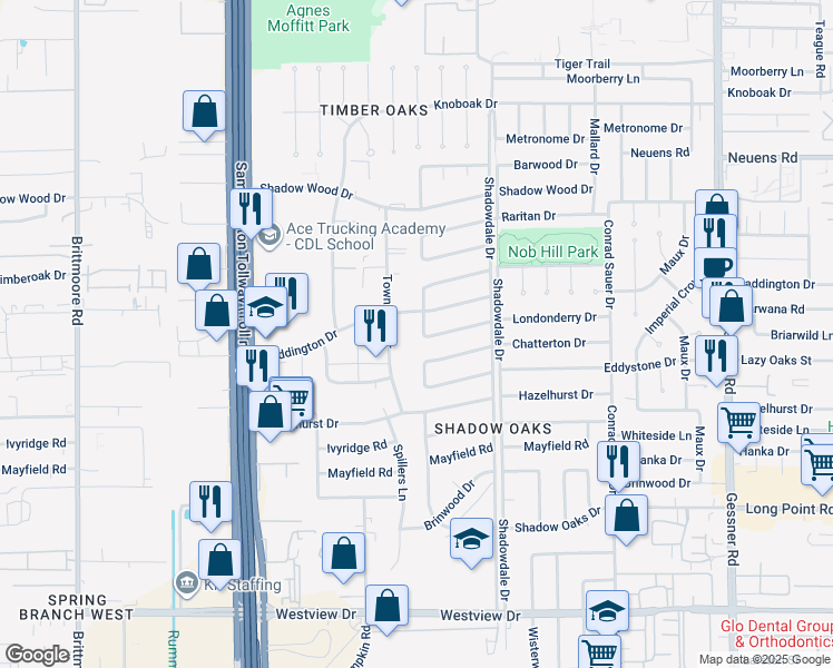 map of restaurants, bars, coffee shops, grocery stores, and more near 1660 Townhurst Drive in Houston