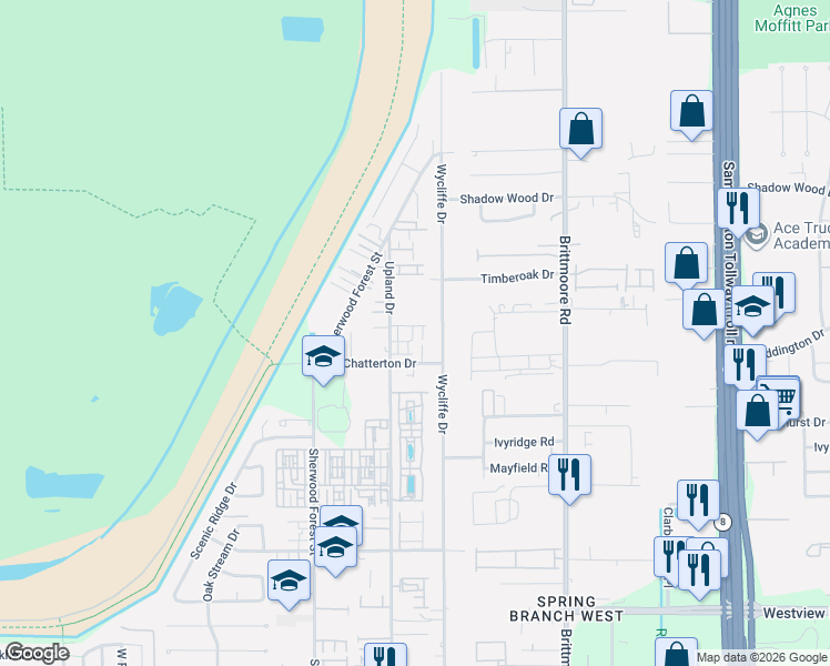 map of restaurants, bars, coffee shops, grocery stores, and more near 11010 Avenu Malkenu Avenue in Houston