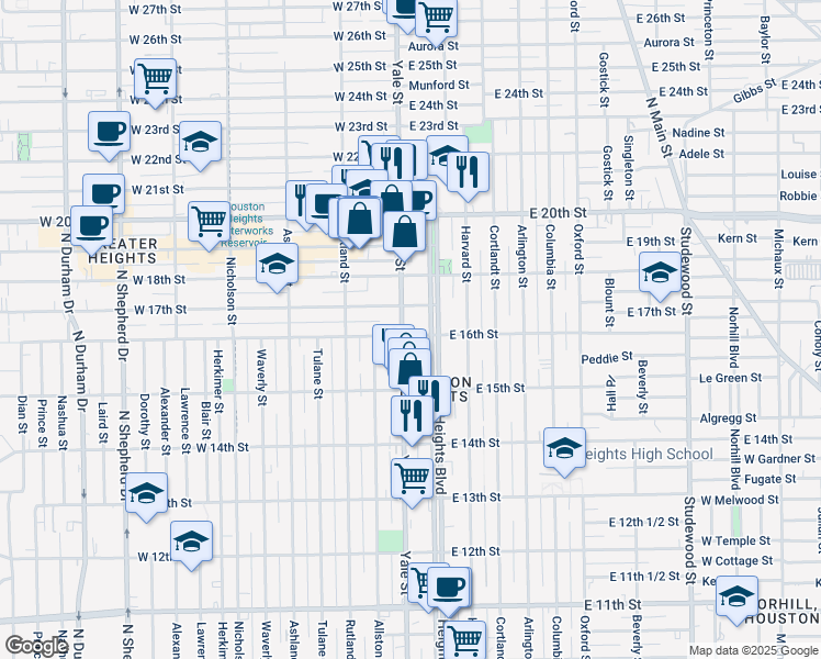 map of restaurants, bars, coffee shops, grocery stores, and more near 1605 Heights Boulevard in Houston