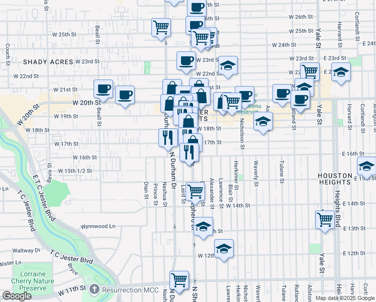 map of restaurants, bars, coffee shops, grocery stores, and more near 716 West 17th Street in Houston