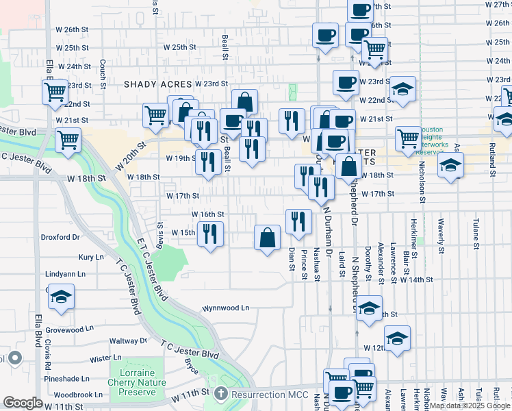 map of restaurants, bars, coffee shops, grocery stores, and more near 1026 West 17th Street in Houston