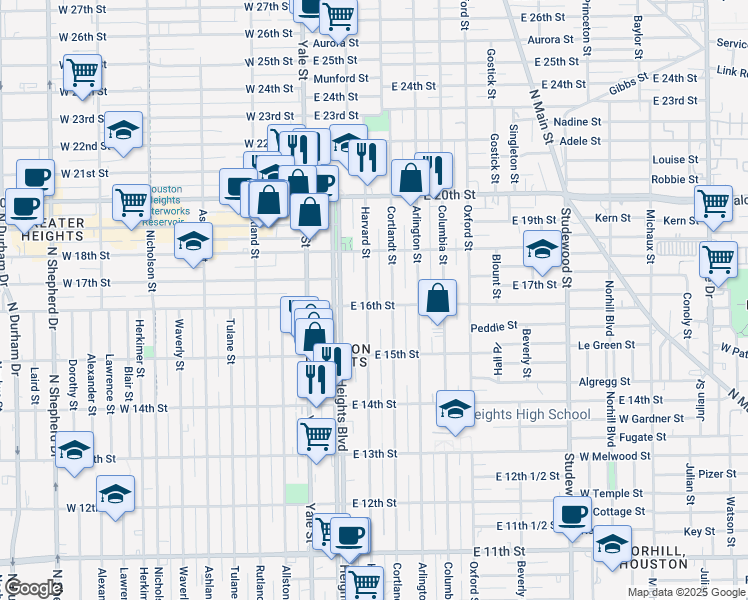 map of restaurants, bars, coffee shops, grocery stores, and more near 1602 Harvard Street in Houston