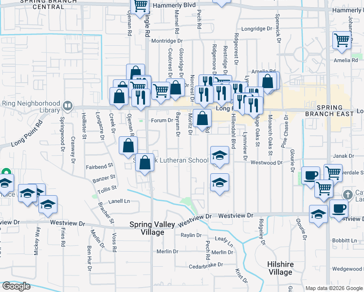 map of restaurants, bars, coffee shops, grocery stores, and more near 1727B Moritz Drive in Houston