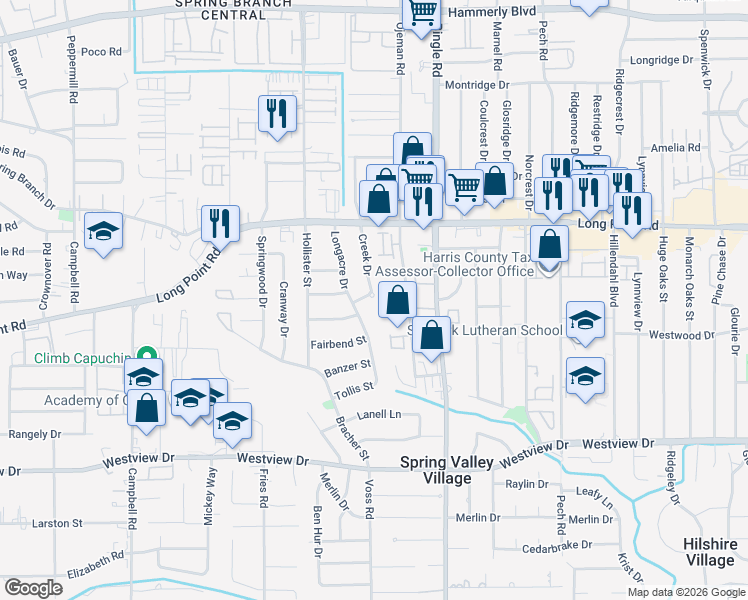 map of restaurants, bars, coffee shops, grocery stores, and more near 1702 Creek Drive in Houston