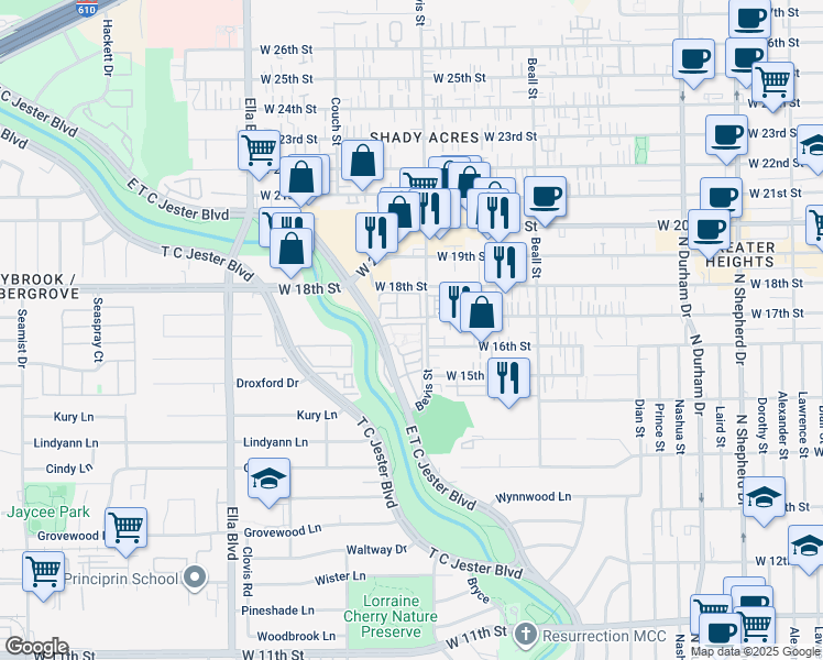 map of restaurants, bars, coffee shops, grocery stores, and more near 1640 East T C Jester Boulevard in Houston