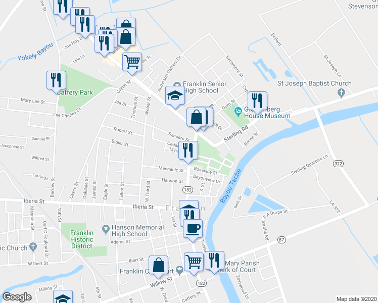 map of restaurants, bars, coffee shops, grocery stores, and more near 220 Cedar Street in Franklin