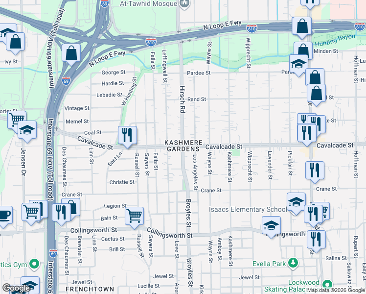 map of restaurants, bars, coffee shops, grocery stores, and more near 4205 Cavalcade Street in Houston