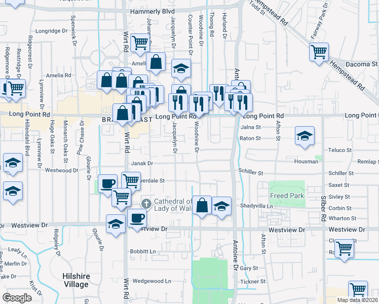 map of restaurants, bars, coffee shops, grocery stores, and more near 1647 Woodvine Drive in Houston