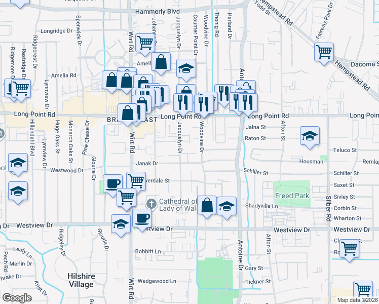 map of restaurants, bars, coffee shops, grocery stores, and more near 1647 Woodvine Drive in Houston