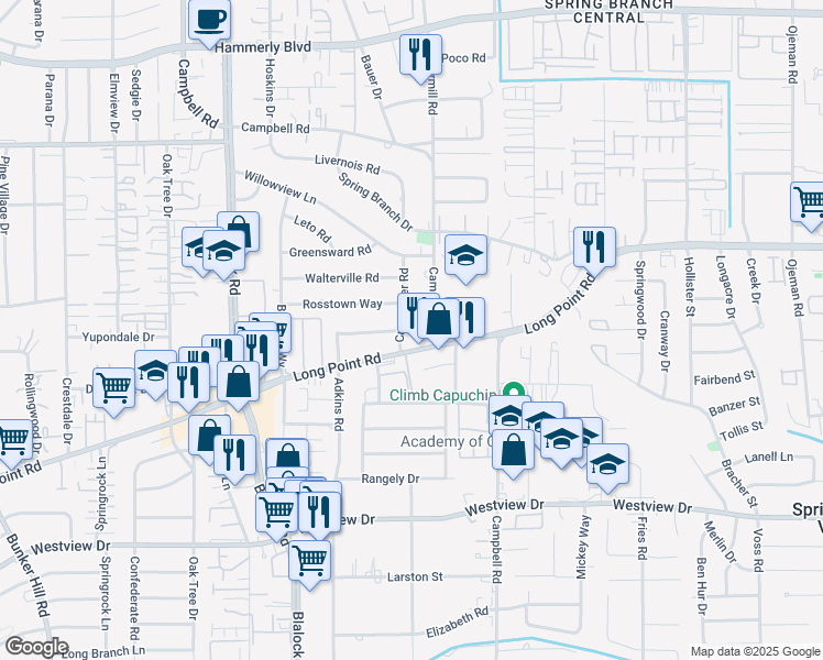 map of restaurants, bars, coffee shops, grocery stores, and more near 1718 Crownover Road in Houston