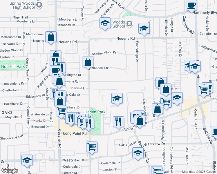 map of restaurants, bars, coffee shops, grocery stores, and more near 9907 Warwana Road in Houston
