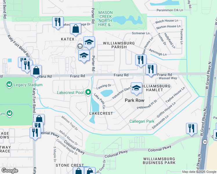 map of restaurants, bars, coffee shops, grocery stores, and more near 24402 Lanning Drive in Katy