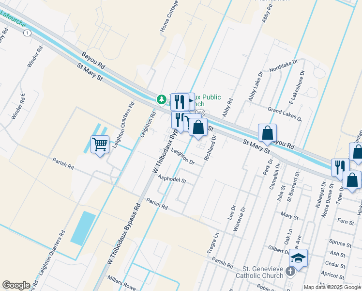 map of restaurants, bars, coffee shops, grocery stores, and more near 119 Leighton Drive in Thibodaux