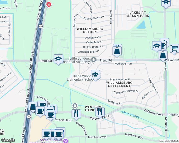 map of restaurants, bars, coffee shops, grocery stores, and more near 22622 Prince George Street in Katy